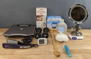 lot 200 image: Heating Pad, Wrist Blood Pressure Monitor, Forehead Thermometer, 3D Desk Lamp, Countertop Vanity Light Up Mirror, Electric Scales, Wet 2 Straight Flat Iron, 5 lb. Dumbbells, Etc. H