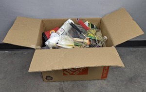 lot 197 image: Box of Various Miscellaneous Painting and Drywall Supplies Brushes, Rollers, Sand Paper, Masking Film, Stir Stick and More H