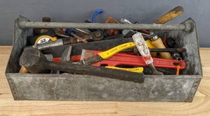 lot 187 image: Assortment of Metal Tool Box and Tools Hammer, Measuring Tape, Flat Head Driver, Socket Wrench, Pipe Wrench and More H