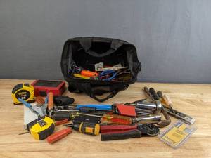 lot 188 image: Assortment of Tools Measuring Tape, Screw Drivers, Level, Socket Wrench, Hex Keys, Nails, Screws, Etc. H