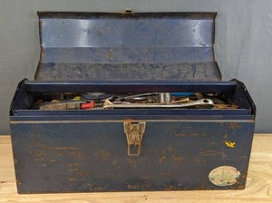 lot 190 image: Tool Box with Hand Tools and Accessories Box Cutter, Screw Driver, Flat Head Driver, Scraper, Caulking Gun, Etc. H