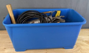 lot 191 image: Bin of Miscellaneous Hand Tools and Accessories Scissors, Bits, Sockets, Wrench, Screwdrivers, Measuring Tape, Hammer and More H