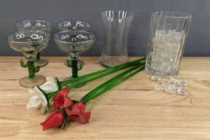 lot 192 image: Glass Flowers, Clear Glass Vases, Flat Glass Marbles, Green Glass Cactus Margarita Glasses H