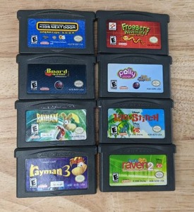 lot 43 image: 8 Gameboy Advance Games Polly Pocket, Code Name Kids Next Door, Froggers Adventures, Lilo & Stitch, Thats So Raven 2, Rayman Advance, Rayman 3 and Board Game Classics H