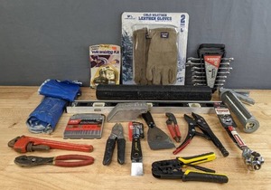 lot 54B image: Cold Weather Leather Gloves, Pipe Wrench, Rubber Vulcanizing Kit, 12 P.c. Combination Wrench Set, Pittsburgh Pro Click Stop Torque Wrench, Husky Combination Wrench Set, Level, Dual Purpose Window Tool, Skil Rotary Drill Bits, Etc. H