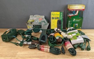 lot 183 image: Assortment of IndoorOutdoor Extension Cords, 5-Flexible Outlets, Outdoor Digital Power Center, 3-Outlet Outdoor Extension Cord, Digital Timer, Etc. H