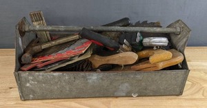 lot 186 image: Assortment of Metal Tool Box with Tools Hammer, Measuring Tape, Crimped Wire Wheel, Files and More H