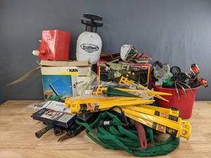 lot 221 image: Assorted GardenYard Work Items - Hoses, Ortho Whirlybird Spreader, Karcher Window Washer, Soaker Hose Watering System, and More H