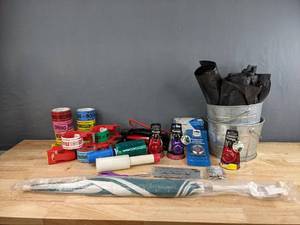 lot 222 image: Miscellaneous Household Items - Room Label Packaging Tape, Master Lock Speed Dial Locks, Clamp Umbrella, Franklin Sports High Pressure Foot Air Pump, CDDVD Envelopes, and more H