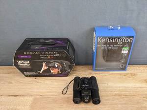lot 226 image: Tzumi Dream Vision Virtual Reality Smartphone Headset (New), Kensington ShareCentral 2 USB Sharing Device, and Binoculars H