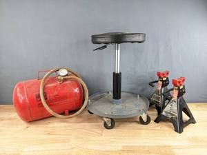 lot 235 image: Tool Shop 5 Gallon Air Tank, Performax Rolling Stool, and Pair of Jack Stands H