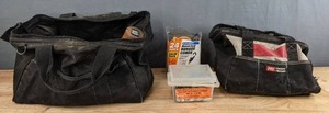 lot 204 image: Assortment of Tools and Hardware (2) Tool Bags, Bungee Cords, Nails and Screws, Sockets, Pliers, Level, Wrenches, Staple Gun, and Much More H