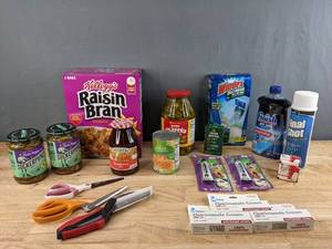 lot 75A image: Assortment of Pantry Food Items, Cleaning Items, Scissors, and More H