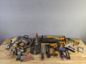 lot 228 image: Assorted Power Tool Items - Milwaukee and Mohawk Heavy Duty Drills, Staple Guns, Staples, and more H