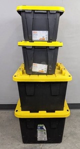 lot 72A image: (2) HDX 12-Gallon Tough Totes with Lids and (2) Greenmade 27-Gallon Totes with Lids H