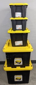 lot 63B image: (2) HDX 7-Gallon Tough Totes with Lids, (1) HDX 12-Gallon Tough Tote with Lid and (2) Tough Box 27-Gallon Totes with Lids H