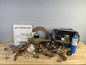 lot 219 image: Assorted Plumbing Supplies - Copper Tube, Hoses, Valves, Bernzomatic Propane, and More H