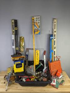 lot 223 image: Assorted GarageHandyman Items - Levels, Chain, Cold Heat Soldering Pen, Schlage Bright Brass Kickplates, Tools, Irwin Kneepads, and More H