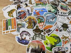 lot 63A image: 62 Brand New Fishing Stickers Trout Bass Bait Bobber Lures N