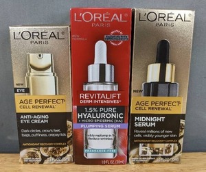 lot 26D image: Brand New LOreal Paris Age Perfect Cell Renewal Midnight Serum, Revitalift Pure Hyaluronic Acid Serum and Age Perfect Eye Cream Anti Aging Eye Cream $60 Retail L