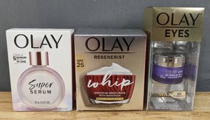 lot 30D image: Brand New Olay Super Serum 5-in-1 Anti-Aging Facial Serum, Skincare Regenerist Whip Facial Moisturizer with SPF 25 Sun Protection and Retinol 24 MAX Night Eye Cream $90 Retail L