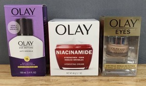 lot 38D image: Brand New Olay Age Defying Anti-Wrinkle Day Face Lotion with Sunscreen SPF 15, Skincare Regenerist Niacinamide  Peptide 24 Facial Moisturizer Cream and Ultimate Eye Cream for Dark Circles, Wrinkles and Puffiness $71 Retail L