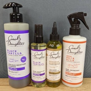 lot 31C image: Brand New Carols Daughter Black Vanilla Sulfate Free Moisturizing Daily Shampoo for Dry Hair, Carols Daughter Hair Sheen, Goddess Strength Castor Hair Oil for All Hair Types and Hair Milk Moisturizing Shine Enhancing Refresher Hair Spray $50 Retail I