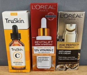 lot 55D image: Brand New TruSkin Vitamin C Serum for Face  Anti Aging Face Serum with Vitamin C, LOreal Paris Revitalift 12 Percent Vitamin C & E & Salicylic Serum and Age Perfect Eye Cream Anti Aging Eye Cream $60 Retail L