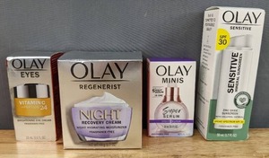 lot 44D image: Brand New Olay Eyes Vitamin C  Peptide 24 Eye Cream, Regenerist Night Recovery Cream Face Moisturizer, Super Serum Night Trial Size and Sensitive Mineral Sunscreen SPF 30 Face Moisturizer $86 Retail L
