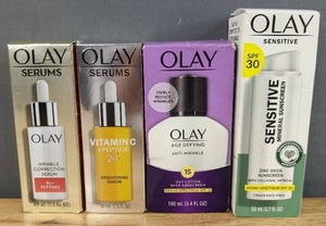 lot 61D image: Brand New Olay Wrinkle Correction Serum with Vitamin B3 Collagen Peptides, Skincare Vitamin C  Peptide 24 Brightening Facial Serum, Anti-Wrinkle Day Face Lotion with Sunscreen SPF 15 and Sensitive Mineral Sunscreen SPF 30 Face Moisturizer $58 Retail L