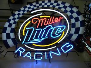lot 8 image: VINTAGE MILLER LITE RACING NEON LIGHT - LIKE NEW CONDITION, NICE - WORKS - FANTASTIC PIECE - APPROX 31 By 26 - SEE PICTURES