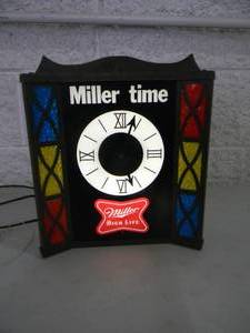 lot 34 image: VINTAGE Miller Time Miller High Life Beer STAINED GLASS STYLE LIGHTED CLOCK HANGING OR STANDING - WORKS - NICE - AWESOME PIECE - APPROX 11 By 13 - SEE PICTURES