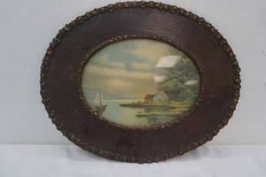Vintage Picture Cottage Landscape in a vintage Wood Frame
