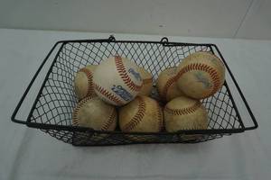 Black Wire Basket with 8 used baseballs