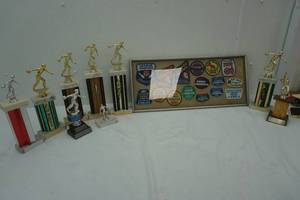 Collectable Boy Scout Patches & 9 Bowling Trophies from the 70s,80s,90s