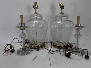 lot 224 image: TWO GLASS LAMPS AND TWO GLASS CHANDELIER LAMPS