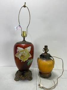 lot 225 image: VINTAGE FLOWER HAND PAINTED LAMP, POTTERY LAMP BOTH WITH METAL BOTTOMS