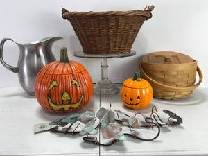 lot 229 image: WATER PITCHER GLASS PEDESTAL DESSERT TRAY BASKET PUMPKINS , COPPER DECOR