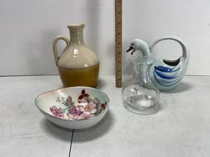 lot 188 image: VINTAGE TAKAHASHI BLUEWARE CERAMIC CREAMER, GERMAN WILD ROSE BOWL, CERAMIC JUG, GLASS VASE