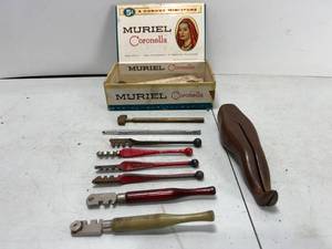 lot 195 image: CIGAR BOX, GLASS CUTTERS AND OTHER TOOLS, NUT CRACKER