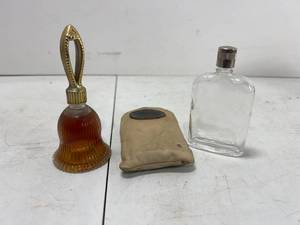 lot 201 image: VINTAGE AVON FRAGRANCE BELL GLASS COLOGNE AND GLASS FLASK WITH CASE