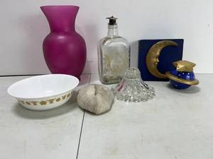 lot 205 image: VINTAGE GLASS WHISKEY BOTTLE ANCHOR HOCKING CANDLE HOLDER CORELLE GOLDEN BUTTERFLY DESIGN