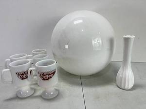 lot 34 image: LARGE LIGHT GLOBE OR YARD ART, WHITE MILK GLASS PEDESTAL MUGS, VASE