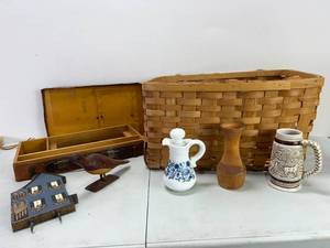 lot 35 image: WICKER BASKET, VINTAGE CASE, CRUET AND MORE