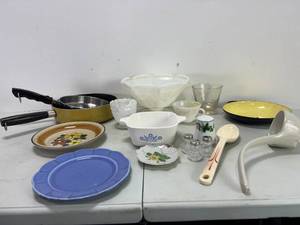 lot 37 image: PANS, CORNING WARE, MILK GLASS, SALT AND PEPPERS AND OTHERS