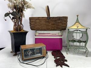 lot 45 image: WOOD FIGURE, METAL FLOWER CAGE, ELECTRIC CLOCK RADIO, FLOWER DISPLAY IN VASE, WICKER BASKET