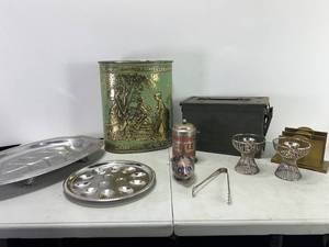 lot 46 image: METAL AMMO CONTAINER, PICKLE TONGS, COFFEE CANISTER, LETTER HOLDER, PIGGY BANK, ETC