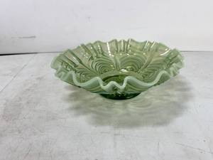 lot 48 image: FENTON GREEN OPALESCENT RUFFLED BOWL