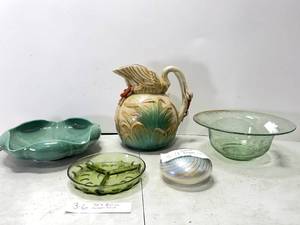lot 53 image: VINTAGE SWAN PITCHER, MID CENTURY MODERN DIVIDED DISH, BOWLS AND PAPER WEIGHT