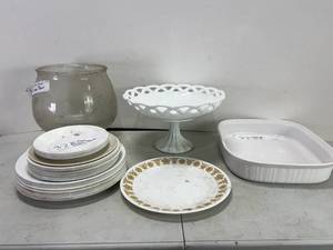 lot 54 image: CORELLE DISHES, MILK GLASS STAND, AND FISH BOWL